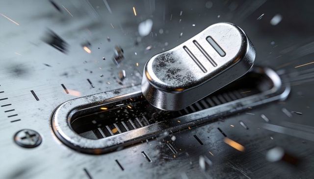 Sparking metal fader knob sliding on brushed alloy control panel, industrial macro closeup