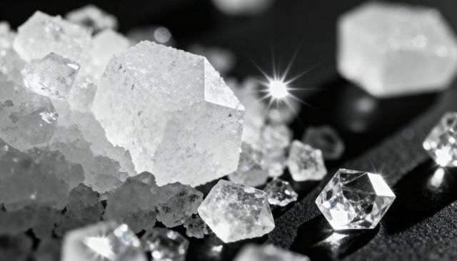 Macro sparkling crystals: cubic white mineral and clear faceted gems with bokeh