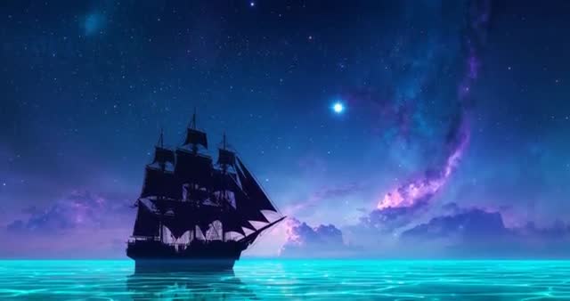 Celestial Ship under Starry Sky with Nebula Reflection