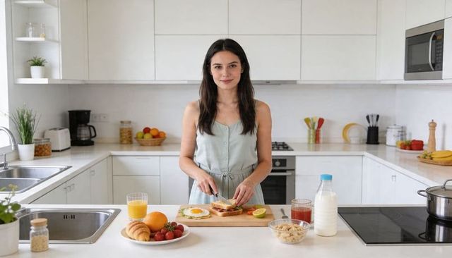 Young woman preparing healthy breakfast on bright minimalist kitchen island