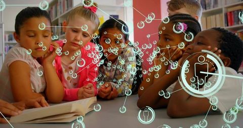 Diverse children engaging in group reading and augmented reality learning overlay