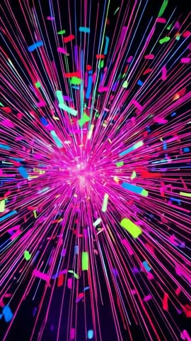 Vertical neon burst with pink core radiating colorful confetti for party video background