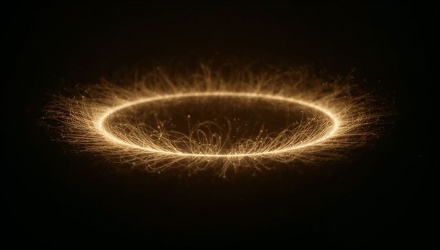Glowing golden light ring floating above dark surface emitting spark trails, filament glow