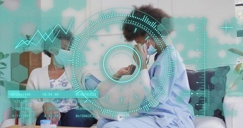 Nurse checking senior using telehealth ar hud for remote eldercare monitoring