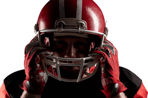Focused young athlete with red football helmet on transparent background