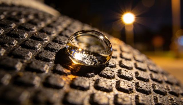 Capturing spherical water droplet reflecting streetlight glow on textured grid surface