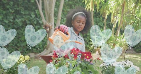 Child Watering Garden Flowers Surrounded by Animated Hearts