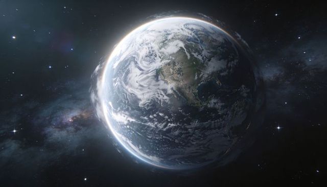 Earth from Orbit Showing North America, Swirling Cloud Bands, Glowing Limb and Starfield