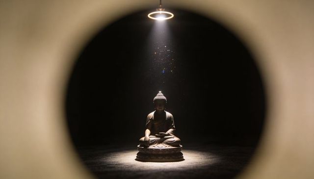 Meditating buddha statue glowing under spotlight on lotus base with floating dust