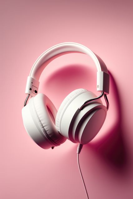 Close up of white headphones with wire on pink background created using generative ai technology. Technology and music concept digitally generated image.