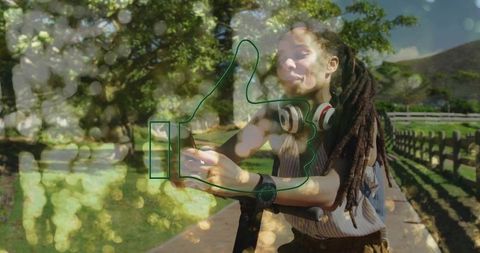 Young woman giving thumbs-up while using smartphone on scooter in park