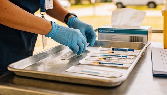 Gloved nurse prepping vaccine syringes on tray at mobile outdoor vaccination clinic