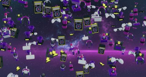 Retro Gaming and Music Icons Floating in Cosmic Space