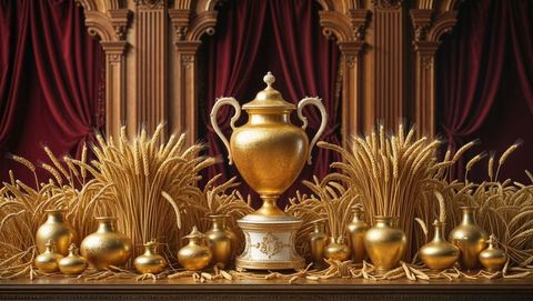 Luxurious golden urn trophy with elegant wheat arrangement