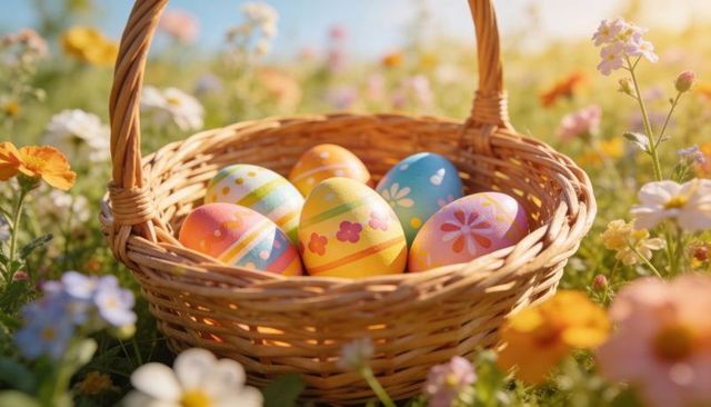 Sunlit wicker basket holding hand-painted pastel easter eggs in wildflower meadow