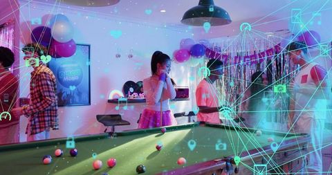 Neon pool party with ar overlay playing billiards, friends celebrating disco nightlife