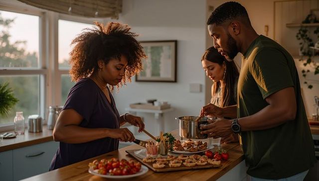 Friends preparing appetizers on sunlit kitchen island for cozy dinner gathering