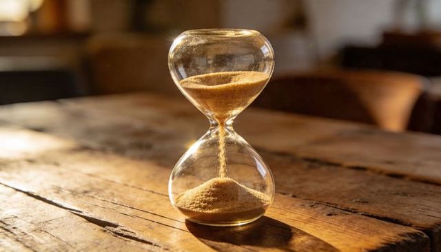 Shining glass hourglass pouring golden sand on rustic wooden table with sunlit glow