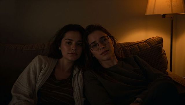 Two women leaning close on sofa under warm lamp light wearing cardigan and eyeglasses