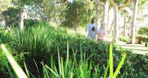 Colleagues Reviewing Digital Tablet in Sunlit Garden