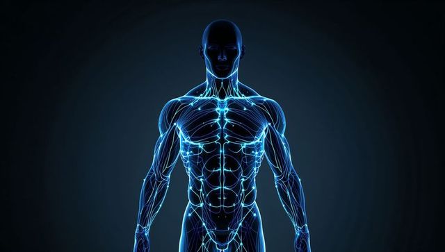 Displaying Neon-Blue Male Anatomy Highlighting Glowing Neural and Vascular Networks