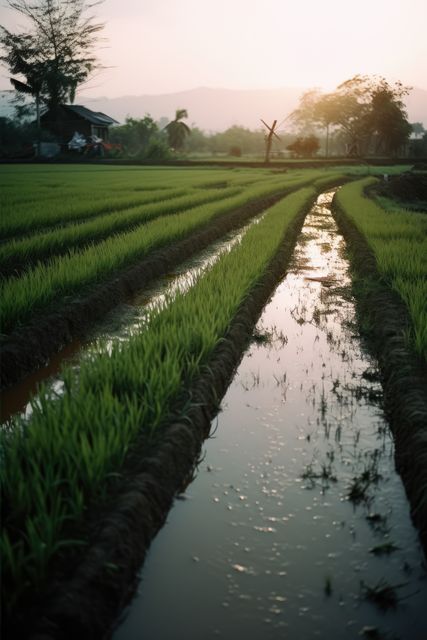 Depicts scenic view of green rice paddies with sun setting behind hills, reflection of sky in water channels creating a tranquil atmosphere. Perfect for use in travel advertisements, agricultural articles, nature-focused content, or presentations about traditional farming in Asia.