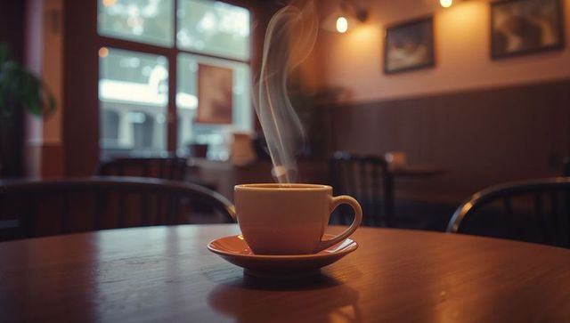 Steaming Coffee Cup on Wooden Cafe Table in Cozy Rustic Ambiance