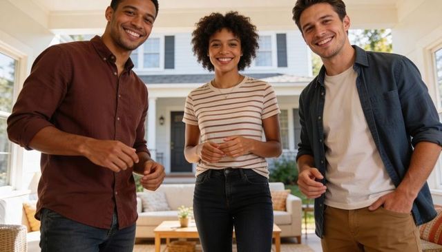 Smiling diverse young friends standing in sunlit living room, casual clothes, warm modern interior
