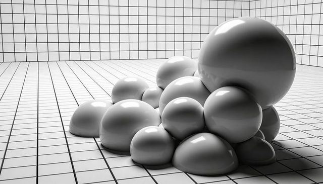 Glossy spheres and domes stacking on tiled grid minimalist monochrome 3d abstract scene