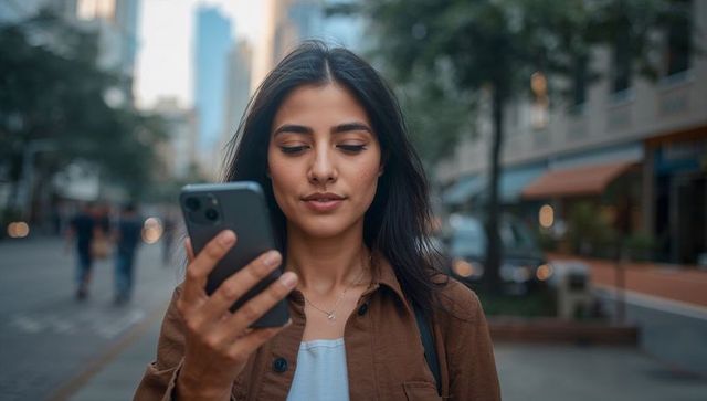 Young woman walking city street using smartphone, urban lifestyle portrait for mobile and tech