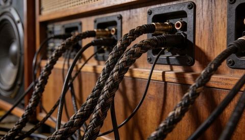 Braided speaker cables connecting to vintage wooden hi-fi cabinet with visible woofer