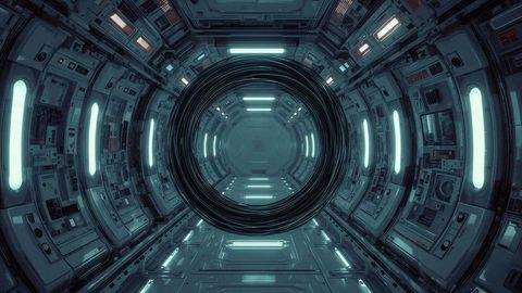 Futuristic spacecraft corridor with glowing portal structure