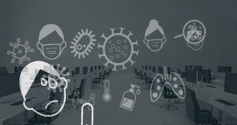 Empty office with moving covid-19 pandemic icons overlay
