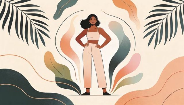 Standing woman wearing crop top and wide trousers framed by tropical leaves and abstract waves