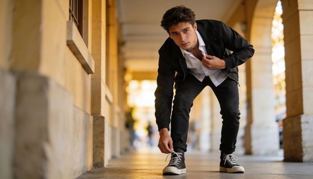 Young man tying sneaker under stone columns in urban arcade at golden hour