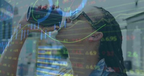 Business Professional Drinking from Tumbler with Stock Graph Overlay