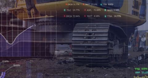 Hydraulic Vehicle in Junkyard with Stock Market Data Overlay