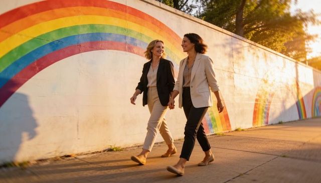 Two women walking hand-in-hand in business blazers beside rainbow wall at golden hour
