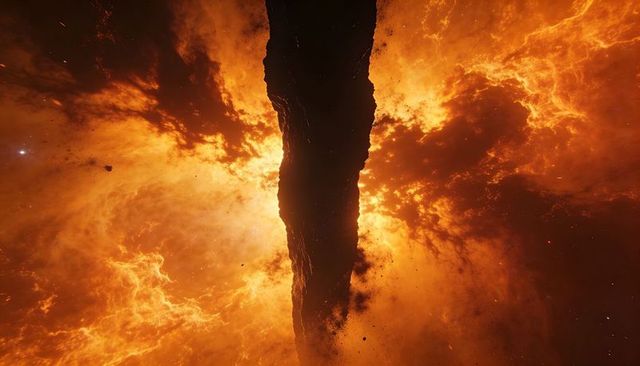 Slicing dark monolith casting fiery nebula filaments over deep space with floating debris