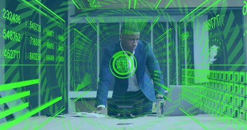 Businessman analyzing data streams in futuristic conference room