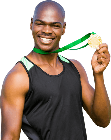 Celebrating African American Athlete Holding Golden Medal Transparent