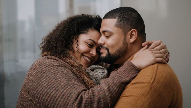 Couple embracing and leaning foreheads wearing knit sweaters, cozy intimate romance portrait