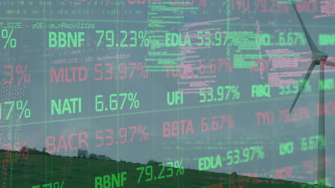 Stock Market Data Overlaid with Wind Turbine Imagery Symbolizing Green Energy and Technology
