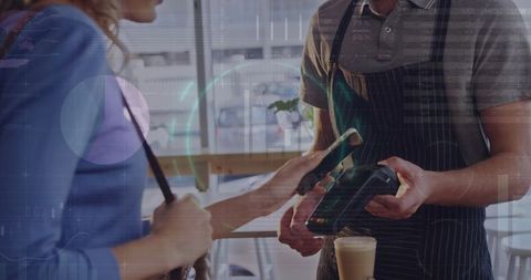 Customer Paying with Smartphone at Café Counter