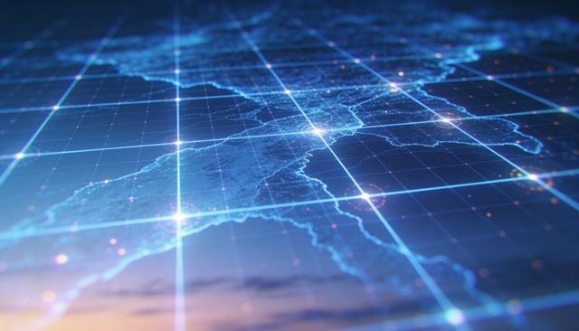 Glowing blue holographic map grid showing connected network nodes and digital coordinates