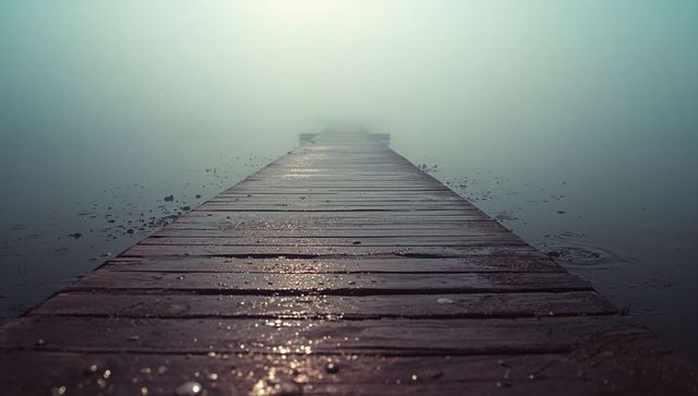 Weathered dock extending into misty lakeshore