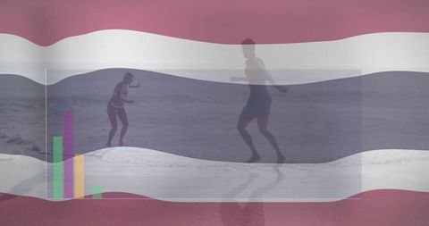 Dynamic Jogging Duo at Dawn Overlaid with Data Graphics