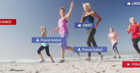 Active Women Jogging on Beach with Social Media Notifications