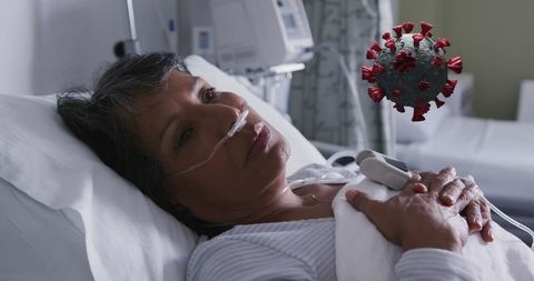 Patient Recovering From Illness with Oxygen Support and Virus Visualization