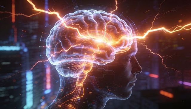 Neon holographic brain lighting neural pathways within androgynous profile for ai concept